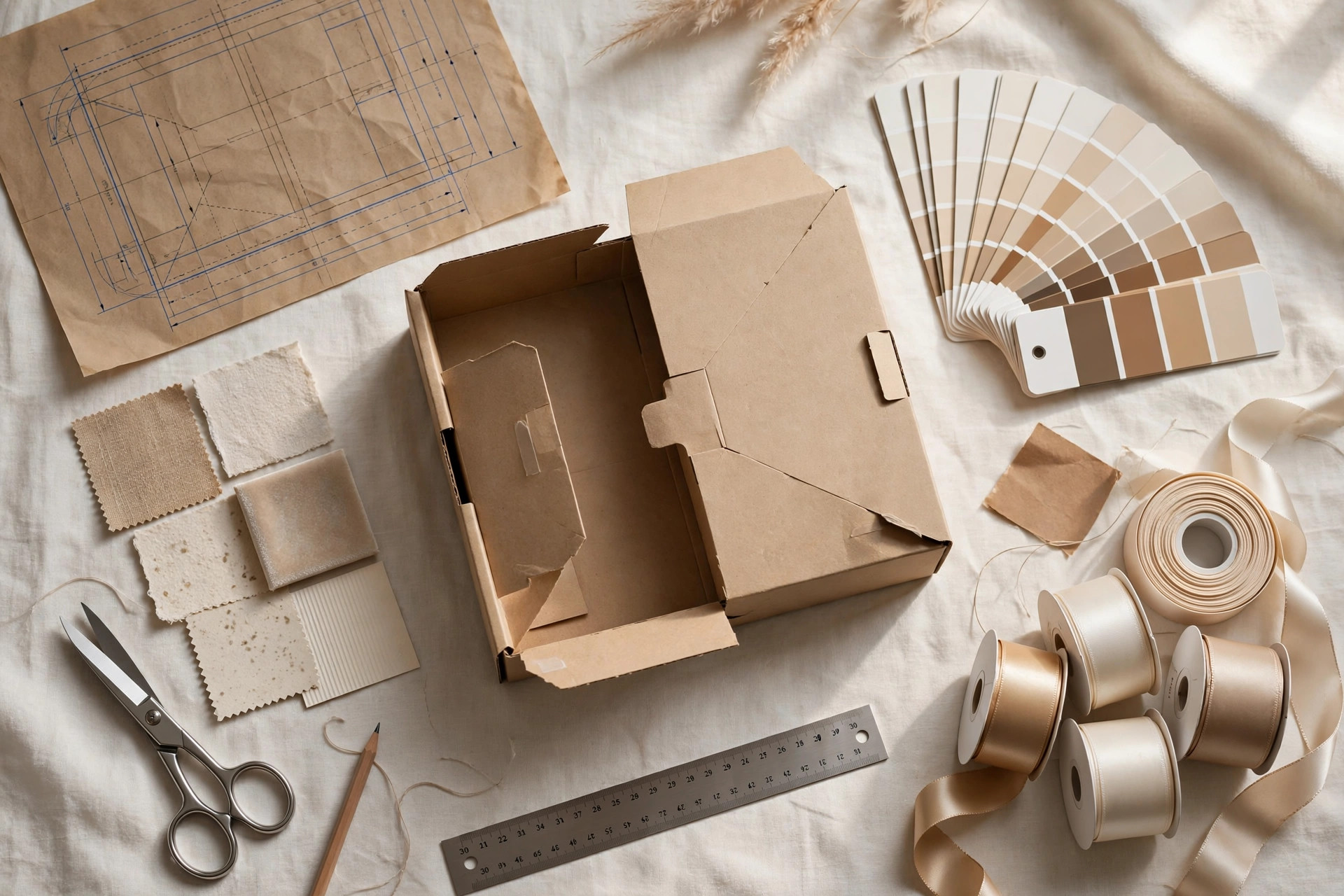 Packaging design studio — dieline sketches, color swatches and material samples